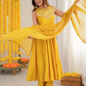 Janasya Yellow Anarkali Kurta Set